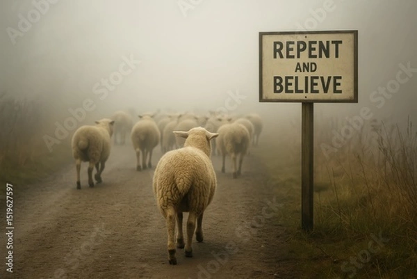 Fototapeta Sheep walking a foggy path toward a sign reading Repent and Believe. Symbolic image of faith amid uncertainty, spiritual awakening, conviction, and the call to follow truth despite fear