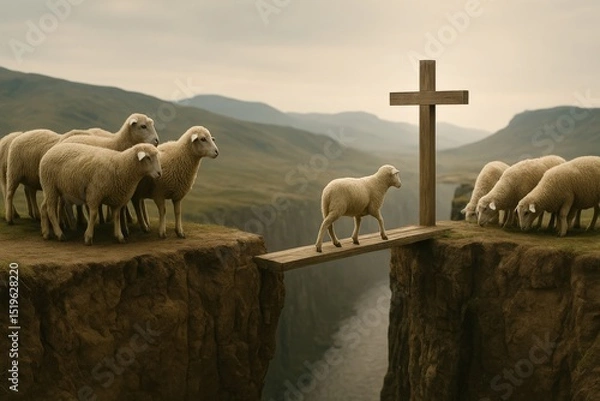 Fototapeta Sheep crossing a wooden cross shaped bridge over a canyon toward other sheep and a cross. Symbol of Jesus as the only way to salvation, faith over fear, and spiritual courage