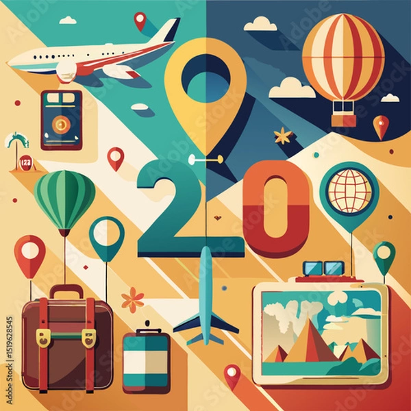 Fototapeta 20 Travel Icons – Flat Style with Soft Shadows in Summer Tones