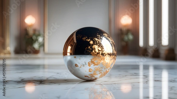 Fototapeta Ornate sphere sitting on a marble surface in an elegant room with neutral background.