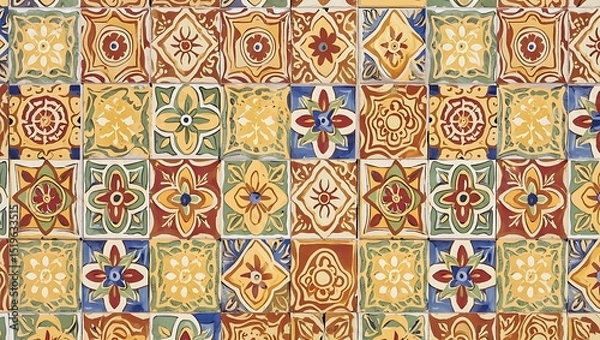 Obraz Vibrant Mediterranean Tiles A Colorful Pattern of Floral Designs and Geometric Shapes