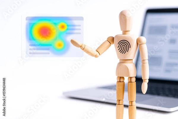 Fototapeta Wooden mannequin with fingerprint symbol on its chest is pointing at digital heatmap display in front of laptop, illustrating integration of technology in e commerce and marketing