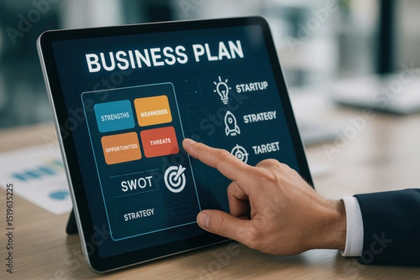 Fototapeta Business Plan Presentation on Tablet with SWOT Analysis for Strategic Planning and Management