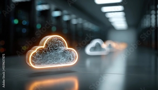 Fototapeta Glowing cloud icons in a server room representing cloud computing and data storage solutions with network