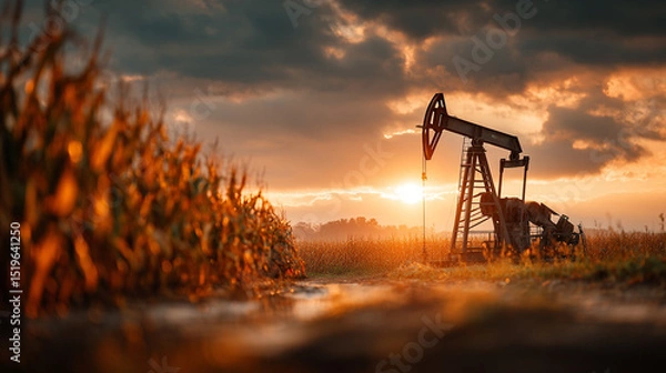 Fototapeta Oil pump jack (drilling derrick) operating in the middle of a green corn field, symbolizing the intersection of agriculture and fossil fuel extraction. 