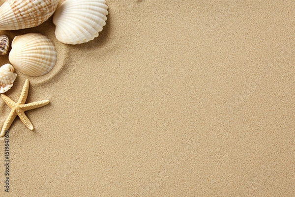Fototapeta Beach-themed flat lay with seashells and starfish on sand background