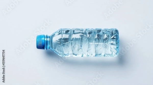 Fototapeta Closeup of bluecapped plastic bottle on white, study in hydration, recycling, and waste reduction