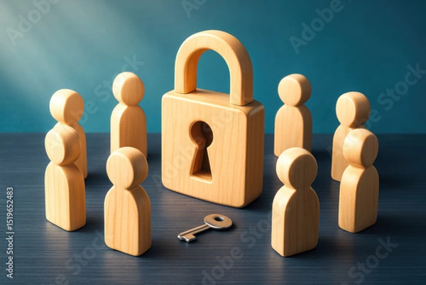 Obraz A circular group smooth wooden human figures surrounds a large wooden padlock symbolizing security trust and collaboration in business