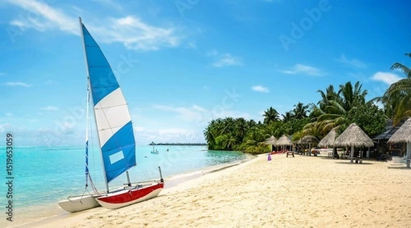 Obraz Beautiful natural tropical beach and catamaran with sail against blue sky and ocean. Summer vacation concept.