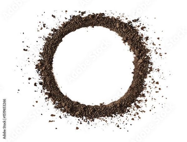 Fototapeta Top view of soil pile in circle shape, dirt frame isolated on white background, vector illustration, earth texture, organic matter, soil layers, nature earth concept.