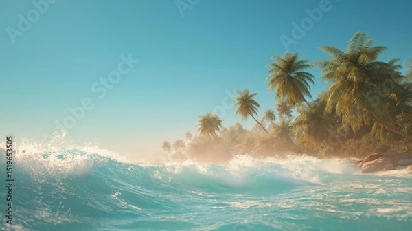 Obraz Serene Ocean Waves Glistening Under Bright Sunlight with Palm Trees