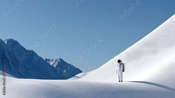 Fototapeta Lone astronaut explores a snowy mountain landscape