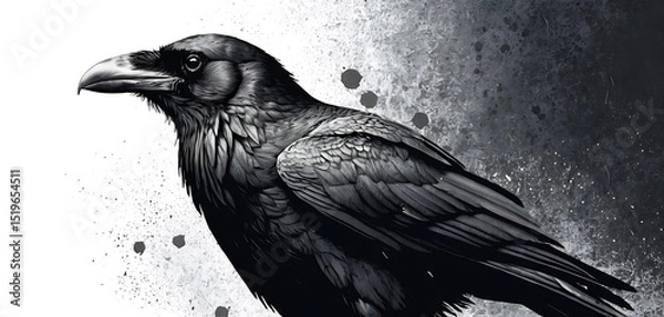 Fototapeta Stippled raven with rough halftone grain and torn zine textures, ideal for dark punk collages
