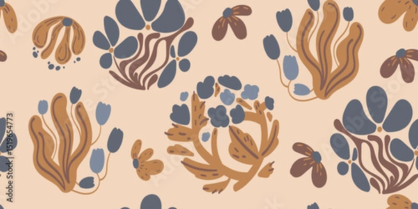 Obraz Botanical Seamless vector pattern with abstract floral shapes in muted blue, brown, and beige tones, perfect for textile prints, wallpaper, packaging, wrapping paper, and digital backgrounds