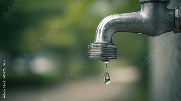 Fototapeta dripping tap outdoor symbolizing water waste and scarcity, ideal for illustrating ecological issues, plumbing problems, or sustainable resource management campaigns