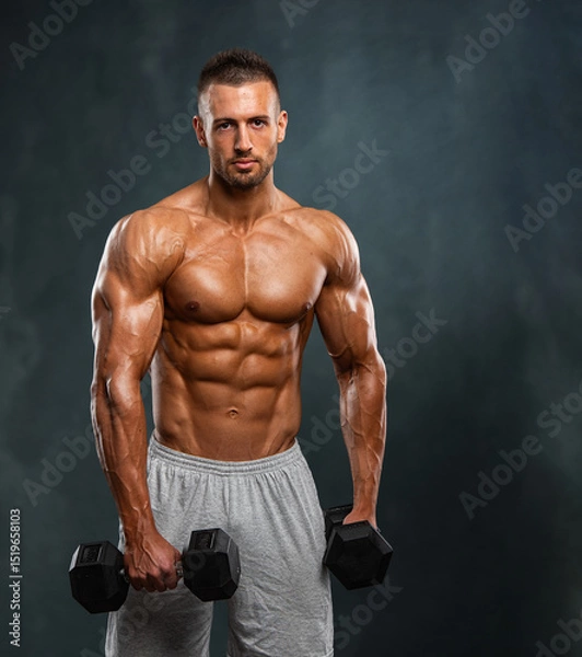 Fototapeta Muscular Young Man Exercise with Weights, Lifting Weights