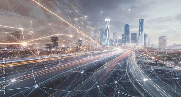 Fototapeta A vibrant city skyline illuminated at night, showcasing its connectivity to the internet with glowing lights, Generative AI.