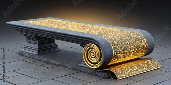Fototapeta a dark themed milestone scroll being unrolled on an ancient stone table with glowing inscriptions