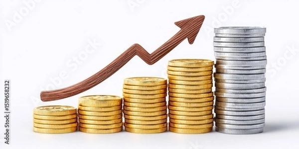 Fototapeta a minimalist layout of coins forming a staircase with an upward arrow above