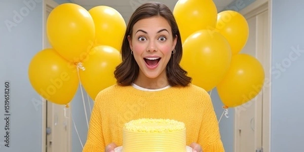 Fototapeta a realistic photo of a colleague being surprised with balloons and a milestone cake