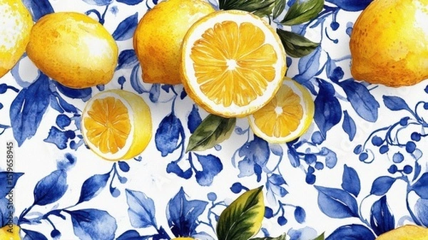 Fototapeta Seamless watercolor pattern with lemons and blue leaves on white background. Bright citrus texture for packaging, textile, and summer design.