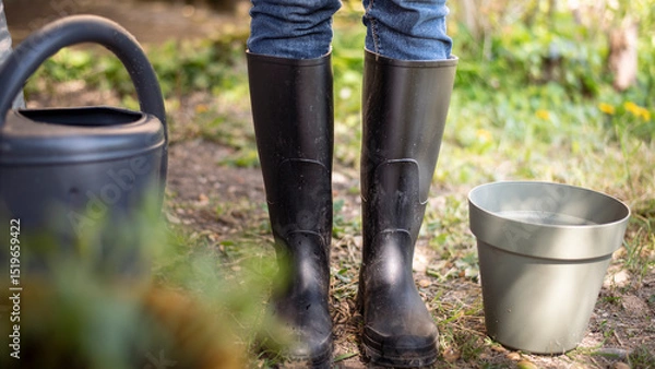 Fototapeta Close-up view of a person wearing black rubber gardening boots standing next to a flower pot and a watering can in an outdoor garden. The image evokes a peaceful gardening moment, with natural light.