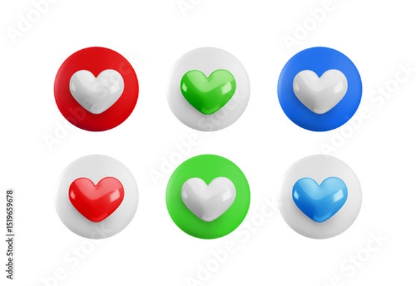 Fototapeta Vector cartoon minimal 3d color button with heart icon set. Realistic render circle like red, white, green, blue button sign, favorites symbol, love comment in social media, like counter concept.