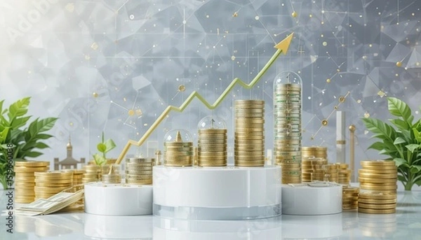 Obraz growth money isolated on transparent 3d podium background with wealth financial business success finance graph stock profit investment chart.