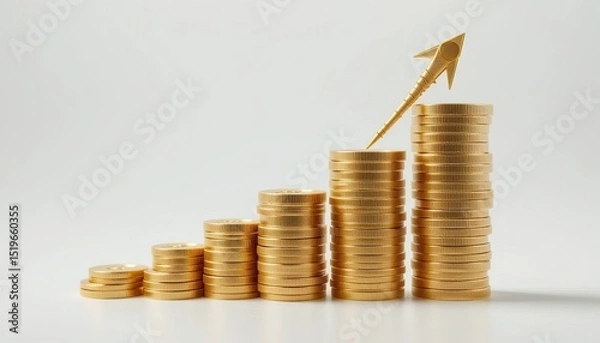 Fototapeta Isolated gold coins on a white background in a transparent PNG 3D financial growth, investment, and wealth profit concept