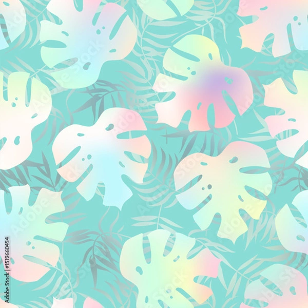 Fototapeta Abstract palm leaves seamless pattern. Vector holographic foil gradient tropical leaf print on turquoise background for fabric, summer decor, wrapping paper, backdrop, wallpapers.