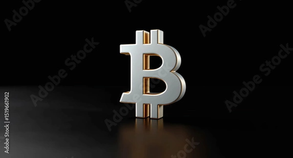 Fototapeta 3D bitcoin symbol on a sleek black surface, showcasing its vibrant color and unique design against a dark background, Generative AI.