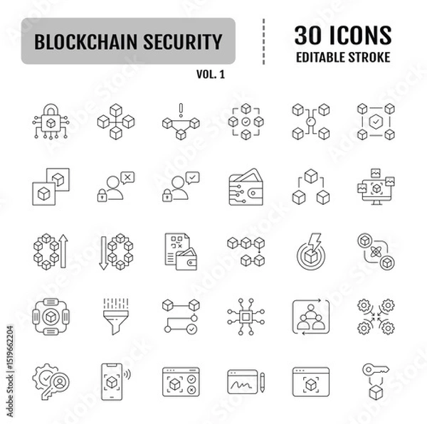 Fototapeta Blockchain security line icon set. Editable stroke. Vector illustration