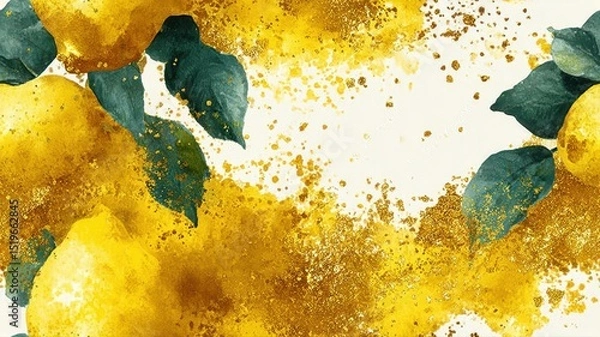 Fototapeta Elegant lemon composition with watercolor splashes and gold texture. Modern fruit seamless background for packaging, labels, and botanical design.