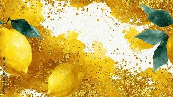 Fototapeta Elegant lemon composition with watercolor splashes and gold texture. Modern fruit seamless background for packaging, labels, and botanical design.