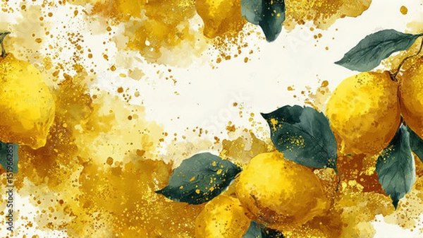 Fototapeta Elegant lemon composition with watercolor splashes and gold texture. Modern fruit seamless background for packaging, labels, and botanical design.