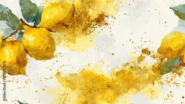 Fototapeta Elegant lemon composition with watercolor splashes and gold texture. Modern fruit seamless background for packaging, labels, and botanical design.