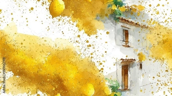 Fototapeta Elegant lemon composition with watercolor splashes and gold texture. Modern fruit seamless background for packaging, labels, and botanical design.