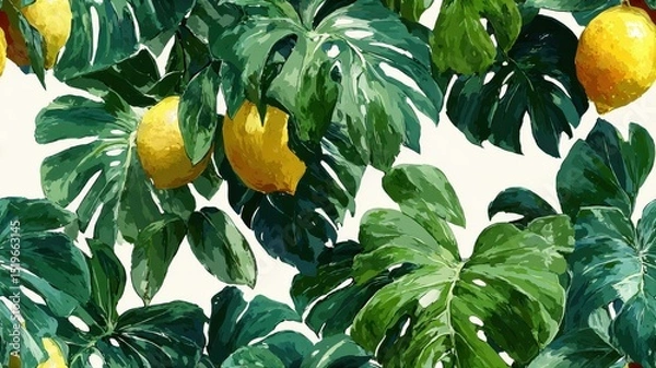 Fototapeta Seamless tropical pattern with watercolor lemons and monstera leaves. Exotic fruit background for packaging, textile, and summer design.