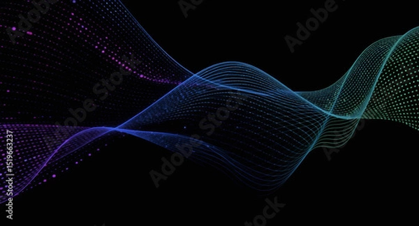 Obraz Modern abstract design featuring blue and purple waves with a network of dots and lines on a black background, Generative AI.