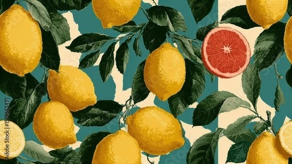 Fototapeta Seamless botanical pattern with realistic lemons, red flowers, and green leaves on colorful background. Mediterranean fruit design for textile, packaging, and summer decor.