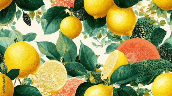 Fototapeta Seamless pattern with whole lemons, citrus slices, and green leaves on textured background. Vibrant fruit design for packaging, textile, and summer decor.