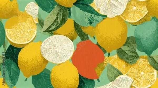 Fototapeta Seamless pattern with whole lemons, citrus slices, and green leaves on textured background. Vibrant fruit design for packaging, textile, and summer decor.