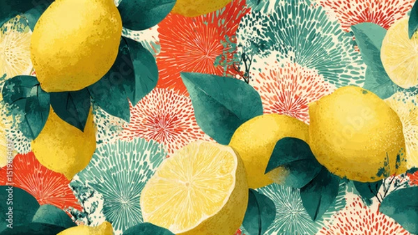 Fototapeta Seamless pattern with whole lemons, citrus slices, and green leaves on textured background. Vibrant fruit design for packaging, textile, and summer decor.