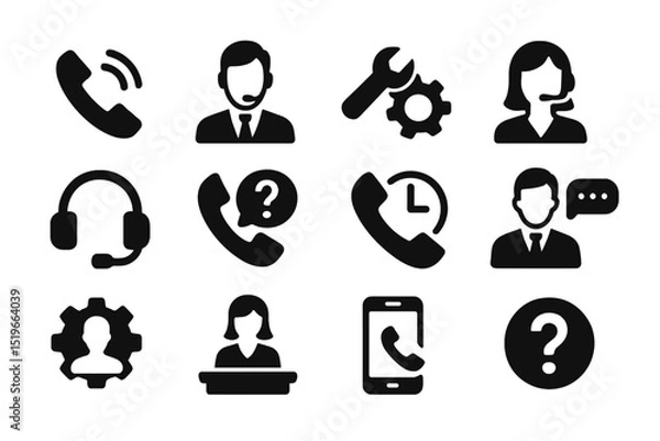 Fototapeta Collection of black and white customer service icons illustrating various support roles and communication tools used in assistance tasks