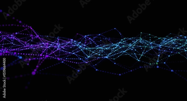Fototapeta Abstract blue and purple waves intertwined with dots and lines, set against a sleek black background, Generative AI.