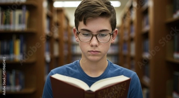 Fototapeta Teenage student reading a book at the library for school study and education in the learning center