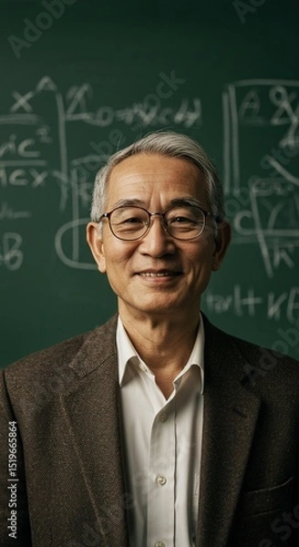 Fototapeta Portrait of asian professor with glasses in front of chalkboard teaching science and math concepts