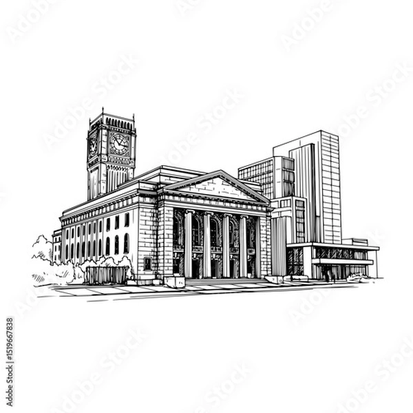Fototapeta Architectural building landmark sketch of city hall with clock tower and modern buildings drawing design