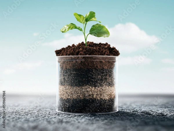 Obraz Plant growing layered soil within transparent container, showcasing importance of soil
