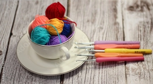Fototapeta A cup and a saucer with clews balls of yarn wool and crocheted blanket handmade craft bright photo	